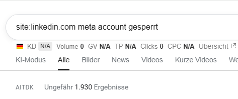Screenshot der Google-Suche site:linkedin.com meta account gesperrt mit ungefähr 1.930 Ergebnissen, Deutschland, 14. September 2026.