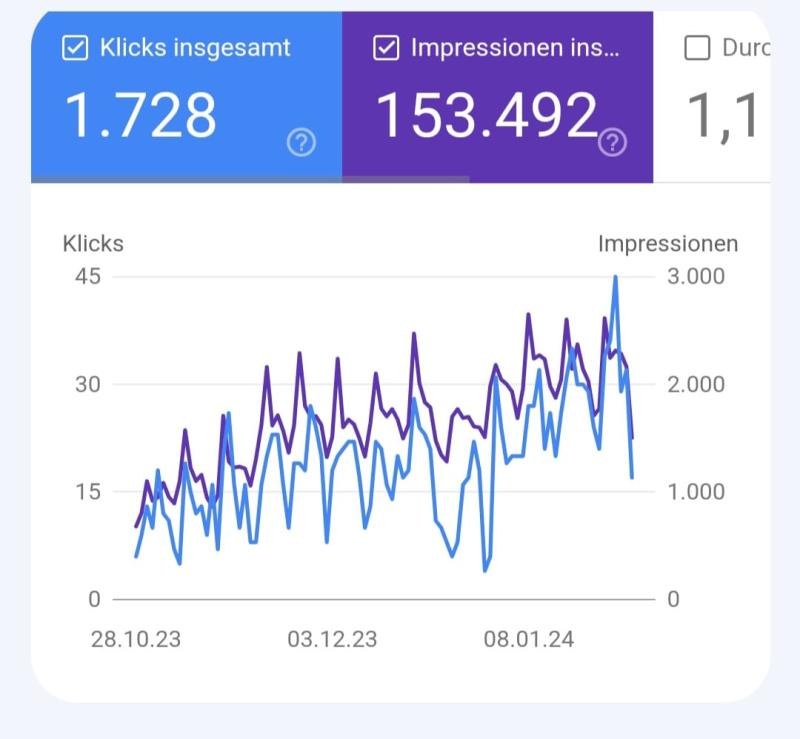 Google Search Console for Rabea Kiess: 1,728 clicks and 153,492 impressions with a rising trend