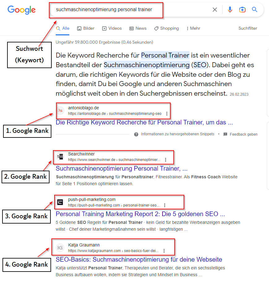 Google Suche -Suchmaschineoptimerung personal trainer SERP_Google Suche