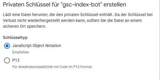 Service Account Schlüssel erstellen