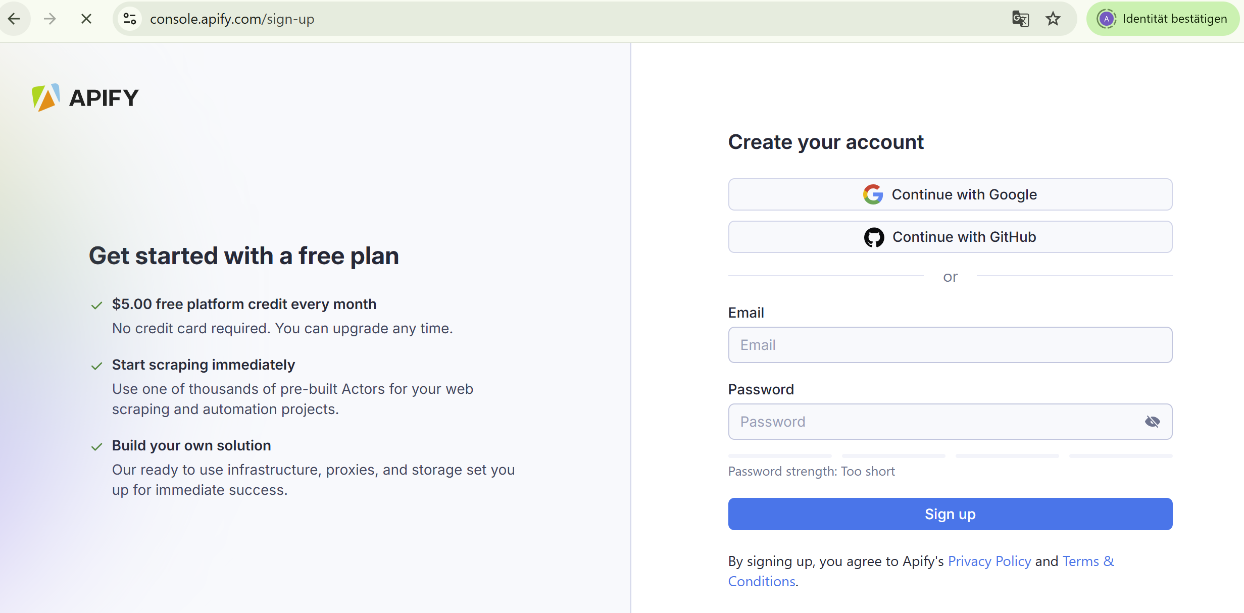 Apify Account erstellen
