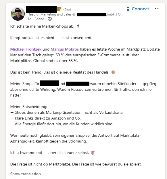 LinkedIn-Post Marktplatz Update mit Frontzek und Mokros