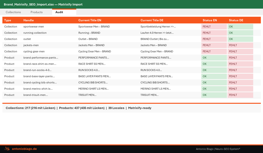 Matrixify SEO Import Excel mit 39 Locales